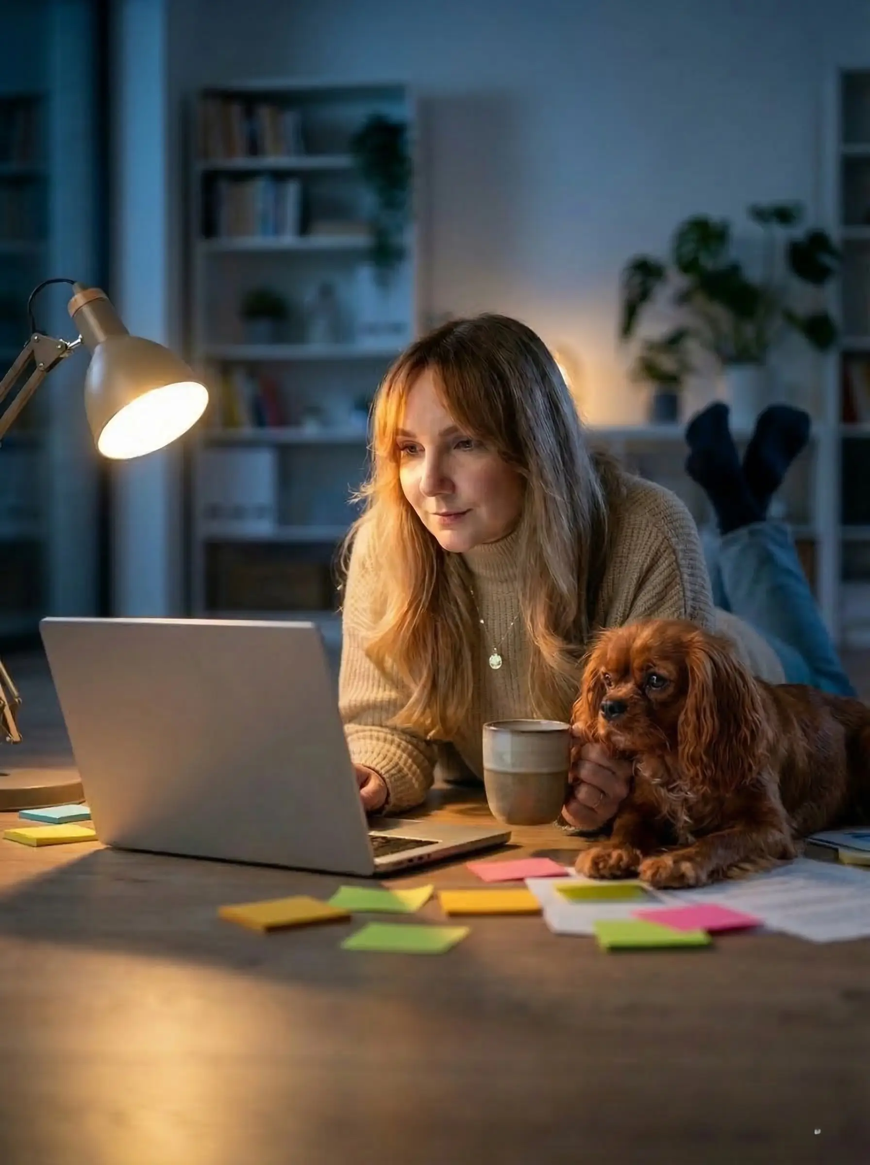 Julie Courrier — freelance communication digitale à Metz, avec son laptop et son chien