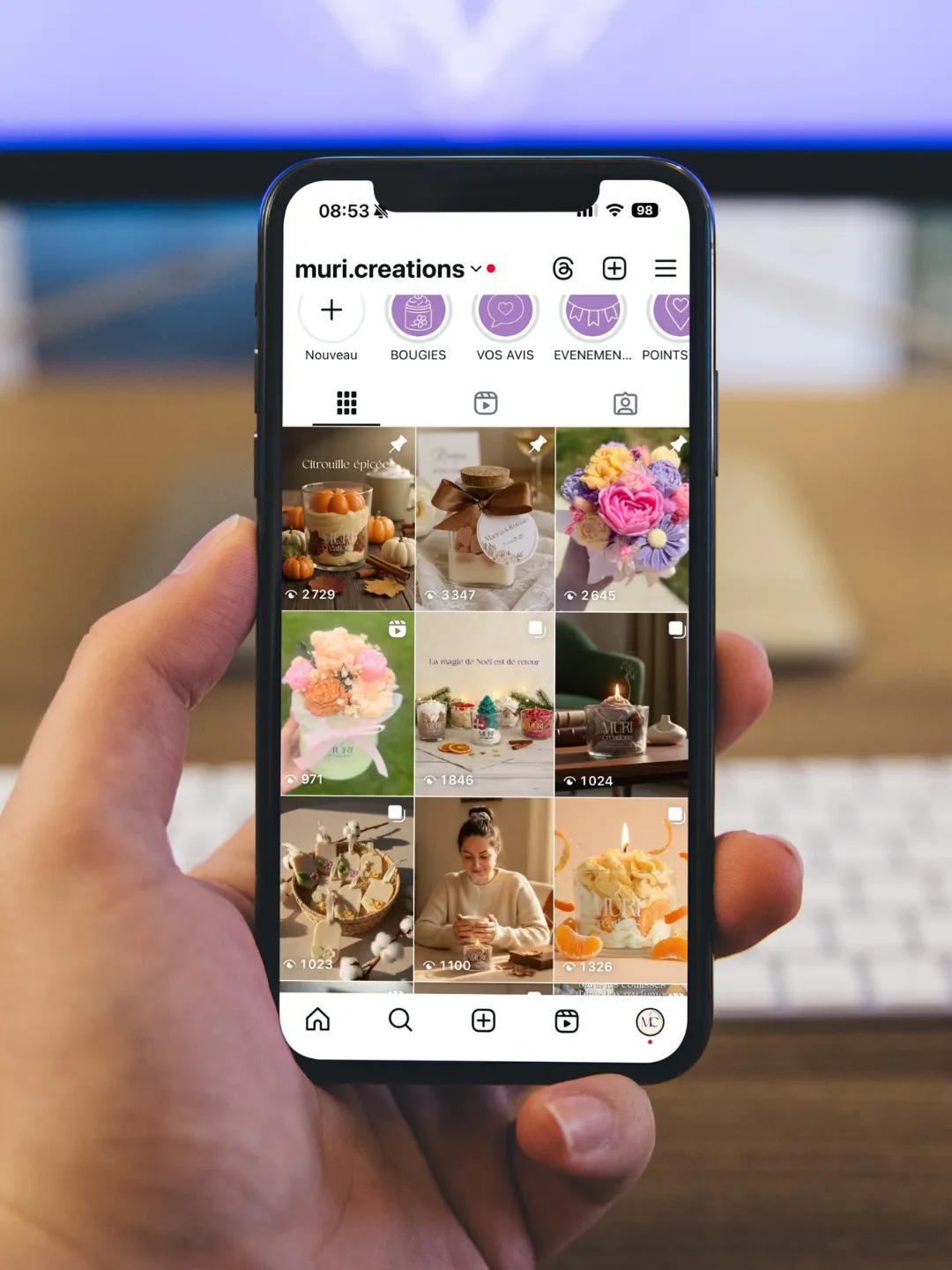 Compte Instagram muri.creations – grille de posts bougies gourmandes