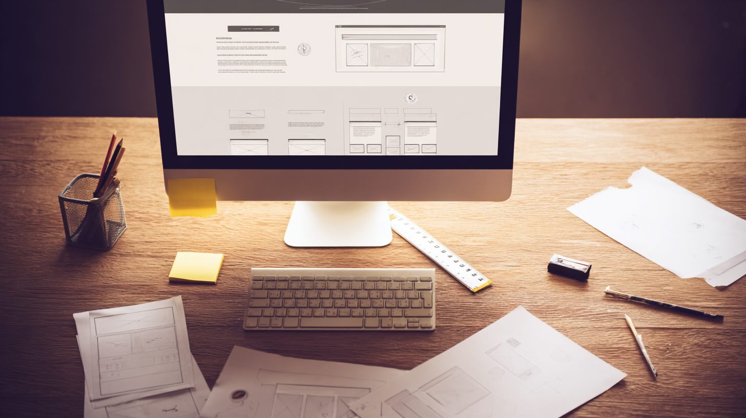 Écran affichant une maquette de site web professionnel, avec wireframes et outils de création sur un bureau design