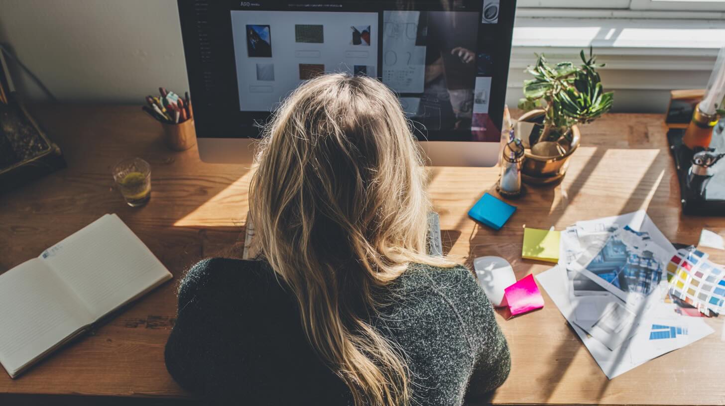 Femme de dos travaillant sur la création d’un site web, devant un écran affichant une maquette, dans un bureau créatif