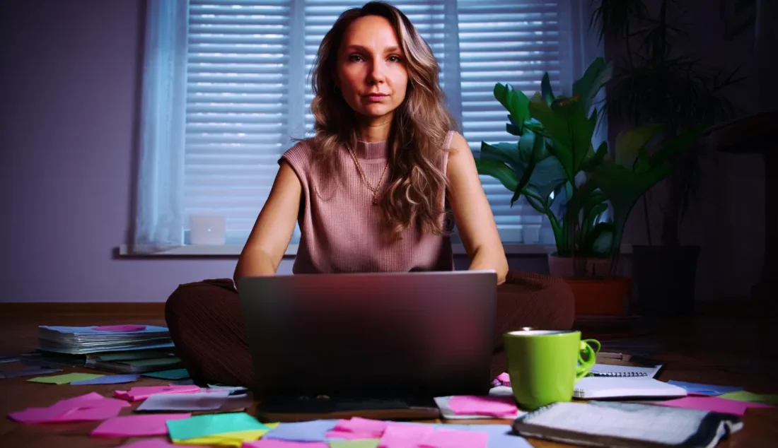Jeune femme assise par terre avec son ordinateur, entourée de post-its, wireframes et outils de création de site web