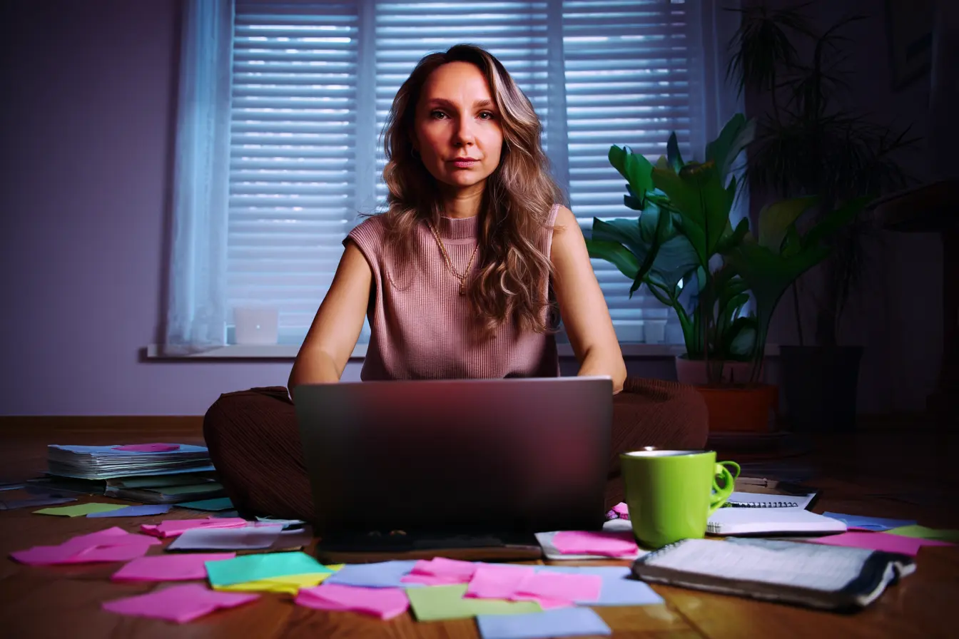 Jeune femme assise par terre avec son ordinateur, entourée de post-its, wireframes et outils de création de site web