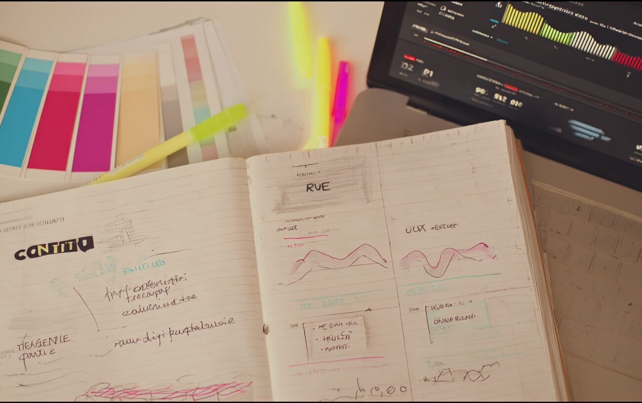 Carnet de notes avec les mots UX, référencement et identité visuelle, posé à côté d’un ordinateur montrant des statistiques de trafic